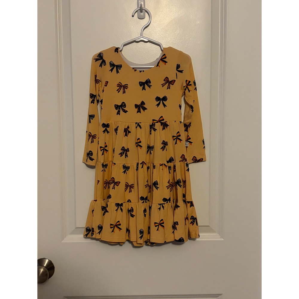 MINIKIN MISCHIEF Girls Bow Print Tiered‎ Dress Size 3T Yellow Long Sleeve